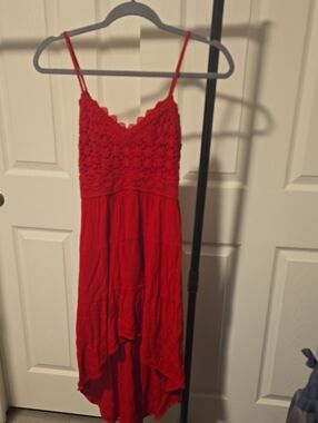 No Boundaries Red Lace-Top High-Low Spaghetti Strap Dress